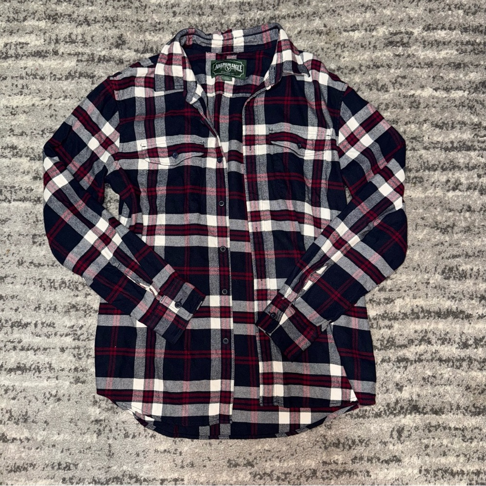 Plaid Flannel Button-Up American Eagle Long Sleeve Shirt
